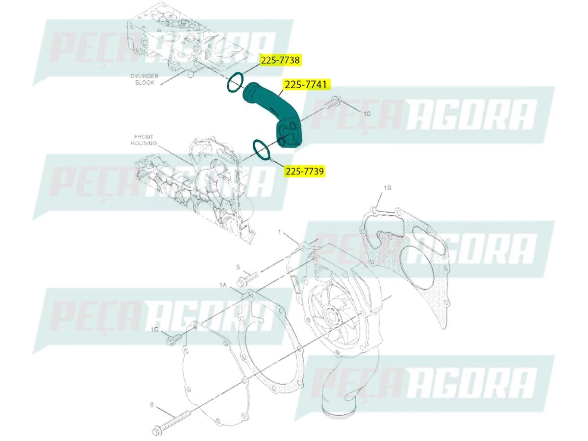 TUBO BOMBA RETORNO AGUA MOTOR CAT 416E 225-7741 2257741 COM 2 RETENTORES CATERPI