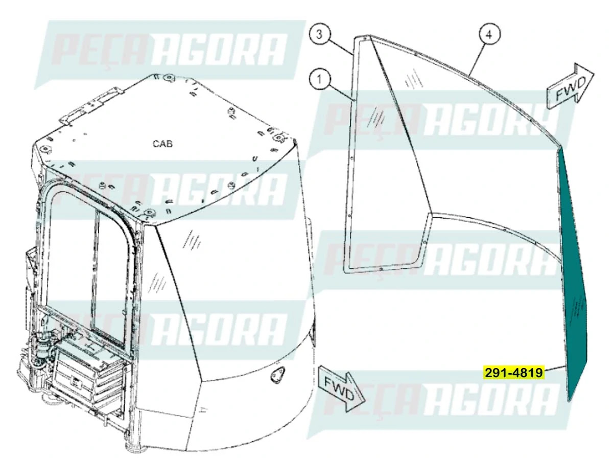 VIDRO CAT 291-4819 CATERPILLAR 950L LADO DIREITO (2914819)