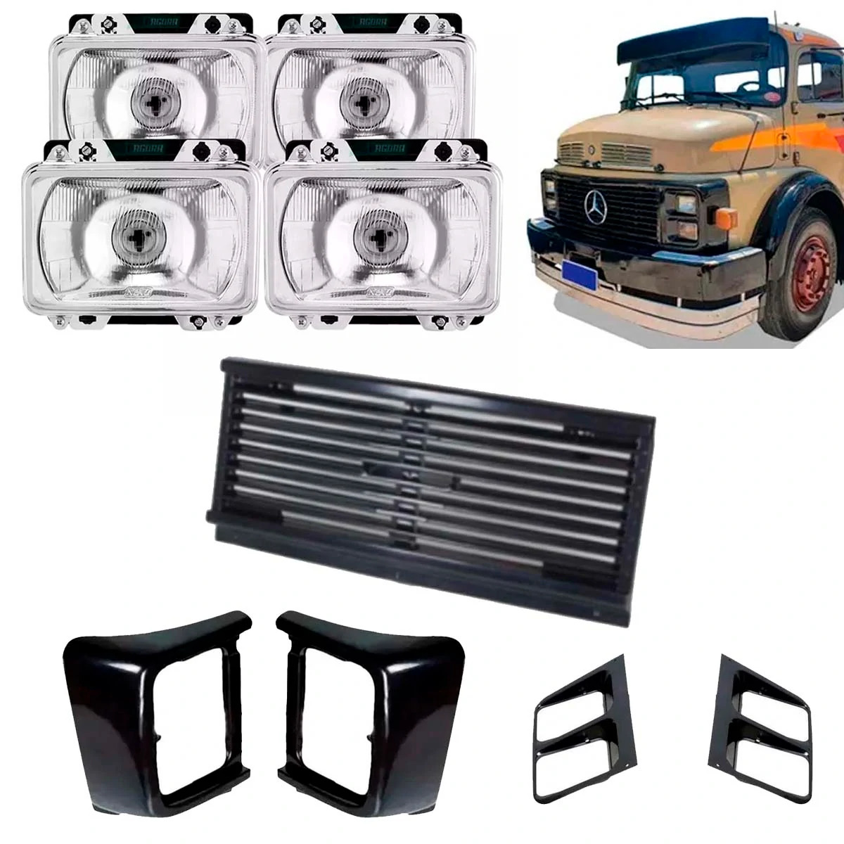 KIT FRENTE CARA PRETA COMPLETA MB 1113 1313 2217 GRADE PAR BOJO FAROL 4 FAROL (K