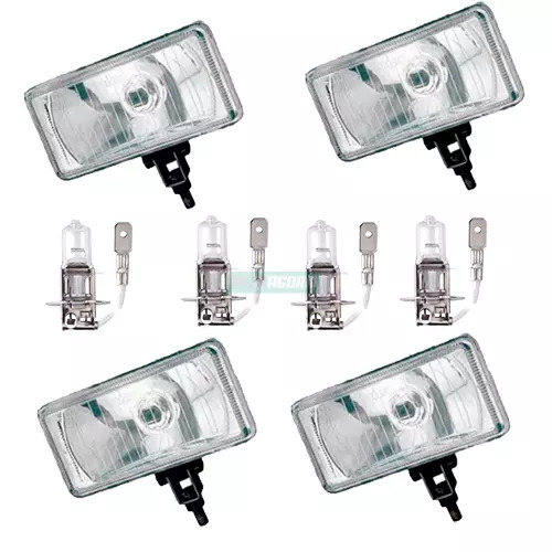 KIT 4 FAROIS MILHA RETANGULAR + 4 LAMPADAS H3 24V UNIVERSAL ANTI-NEBLINA CRISTAL