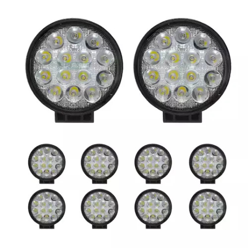 KIT 10 FAROL DE MILHA 14 LED 42W 12V 24V REDONDO OFF ROAD 6000K (62102023)