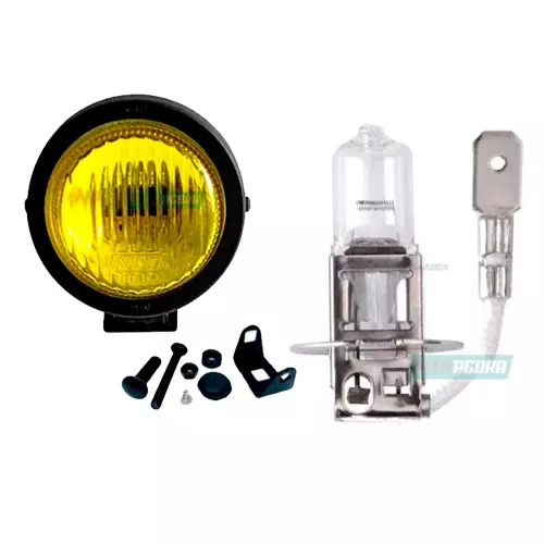 KIT FAROL MILHA 85MM MINI NEBLINA AMARELO + LAMPADA H3 24V UNIVERSAL LEVE PESADA
