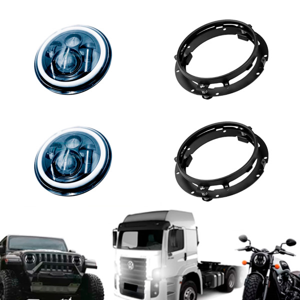 KIT 2 FAROIS MILHA LED ANGEL EYES 7 POL 10V 30V BIVOLT DRL BRANCO SETA AMBAR COM