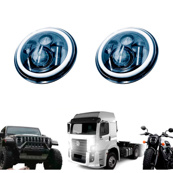 PAR 2 FAROIS MILHA LED ANGEL EYES 7 POL 10V 30V BIVOLT DRL BRANCO SETA AMBAR (CX