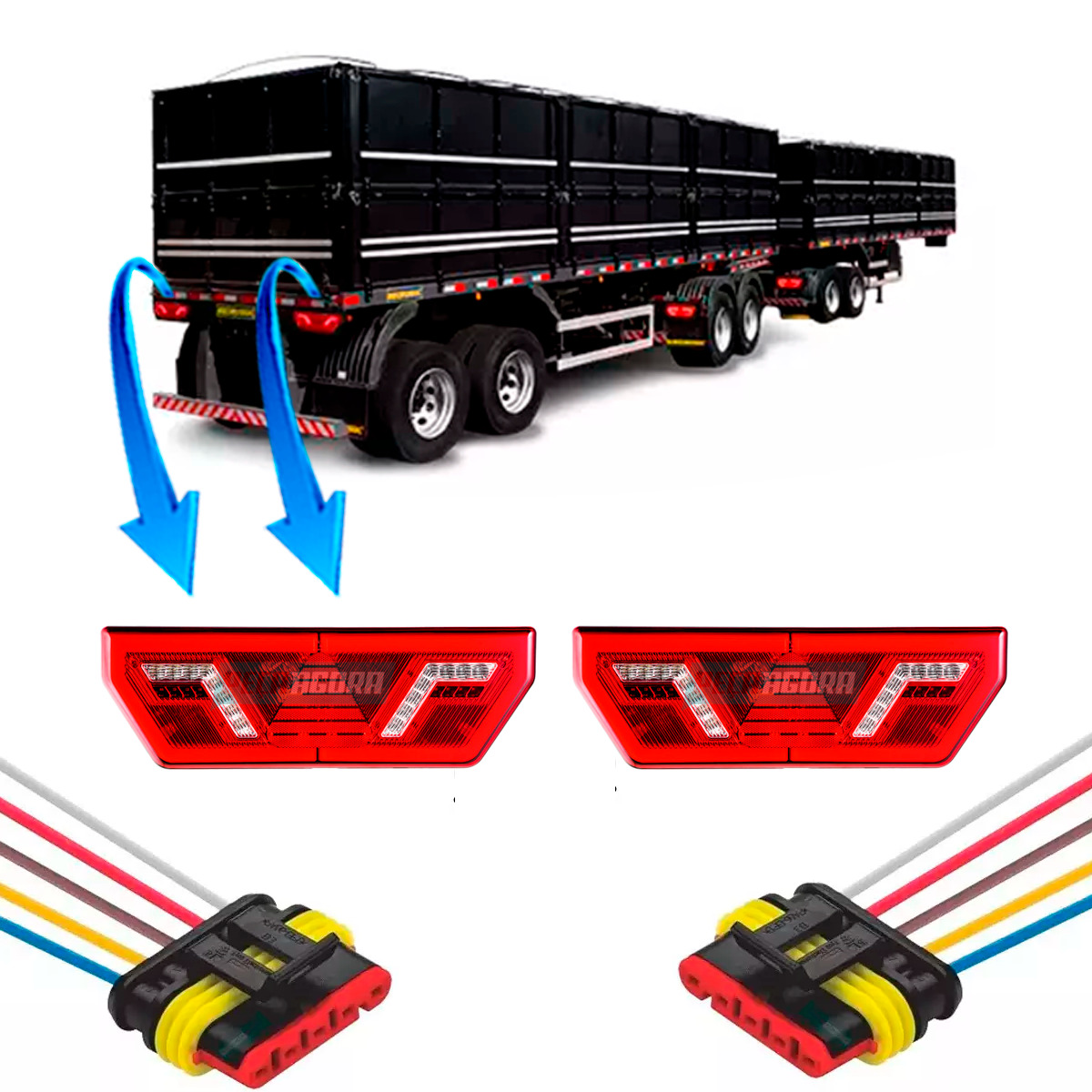 PAR LANTERNA TRASEIRA COM 2 CHICOTES CARRETA GUERRA IMPLEMENTOS COM LED 24V (K.L