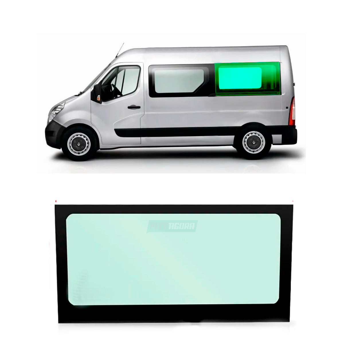 VIDRO LATERAL ESQ SERIG 1355X687 CURVO RENAULT MASTER NOVA 2013 2 VAOS <P>RENAUL