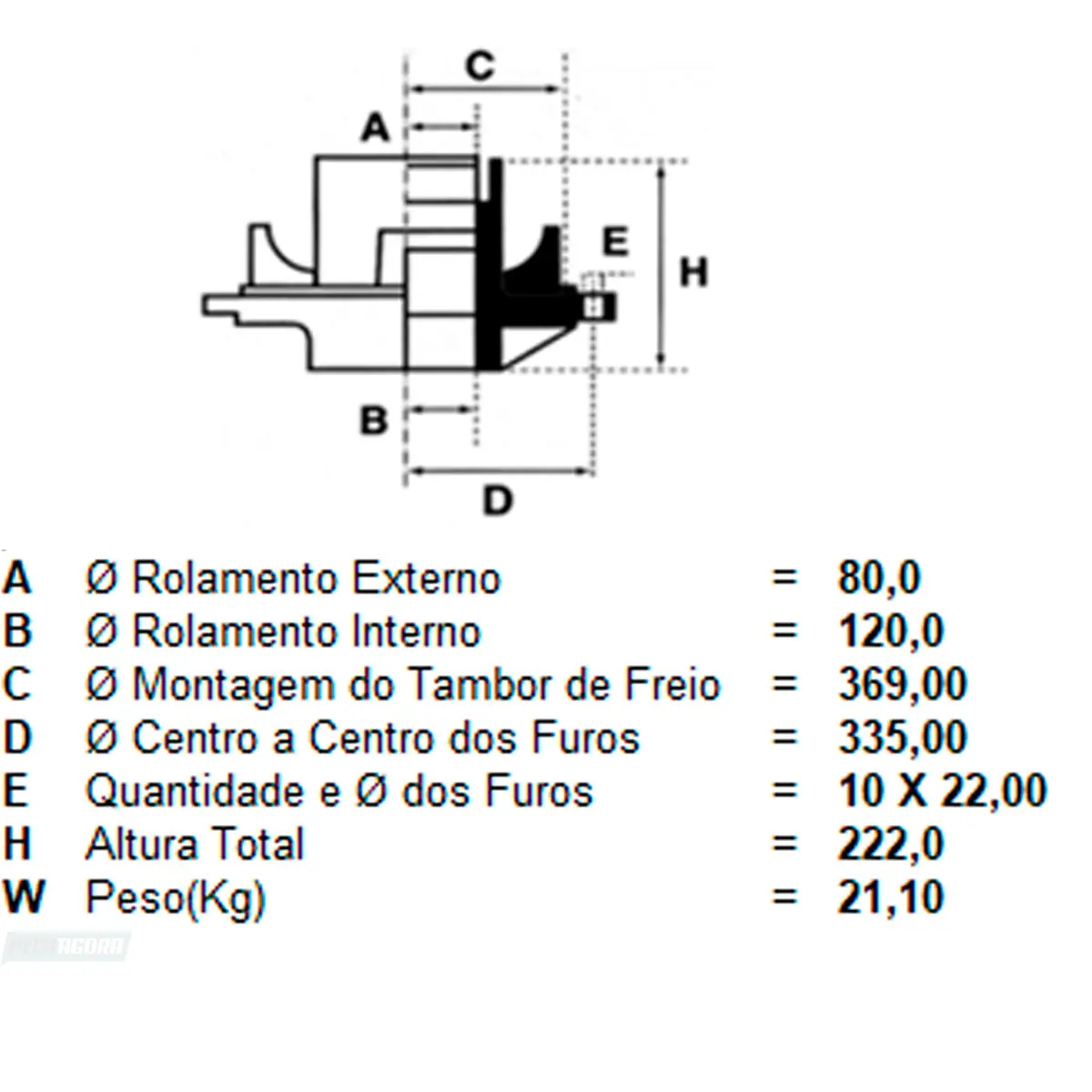 CUBO RODA DIANTEIRO 10 FUROS MB L1313 1314 1316 1318 1414 1418