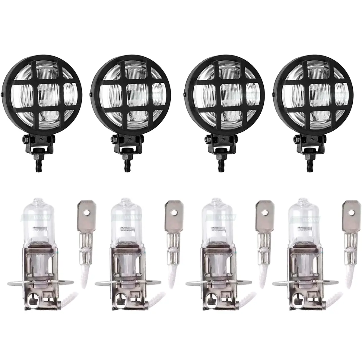 KIT 4 FAROIS 4 LAMPADAS MILHA REDONDO COM GRADE H3 12V PK 22S UNIVERSAL (K.ML020
