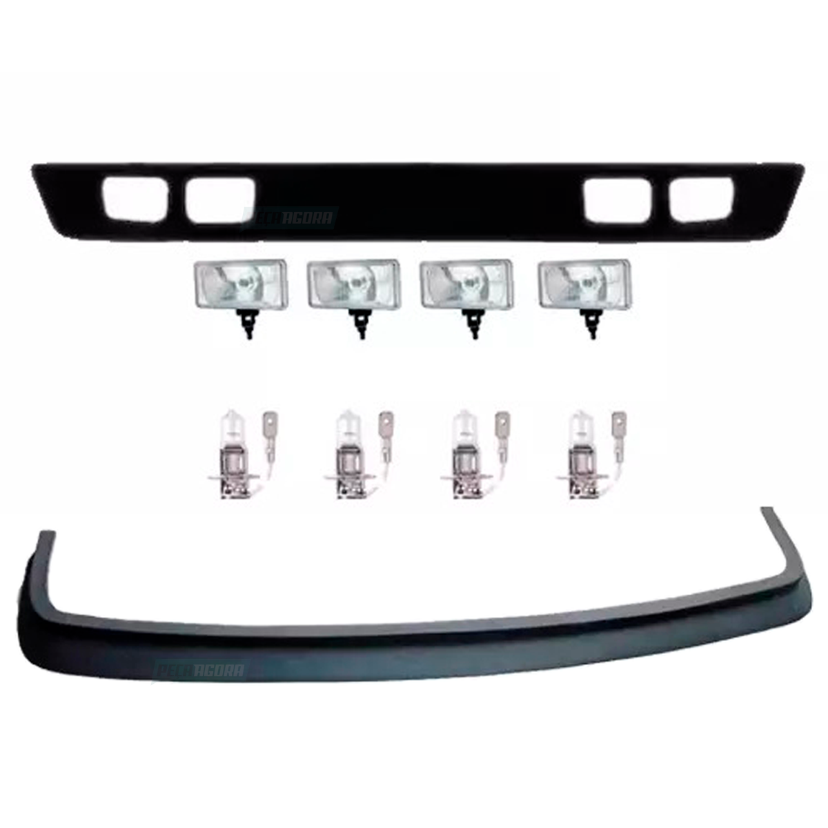 KIT SPOILER 4 FAROIS LAMPADAS H3 24V CARA PRETA BIGODE PARACHOQUE CENTRO ABERTO 