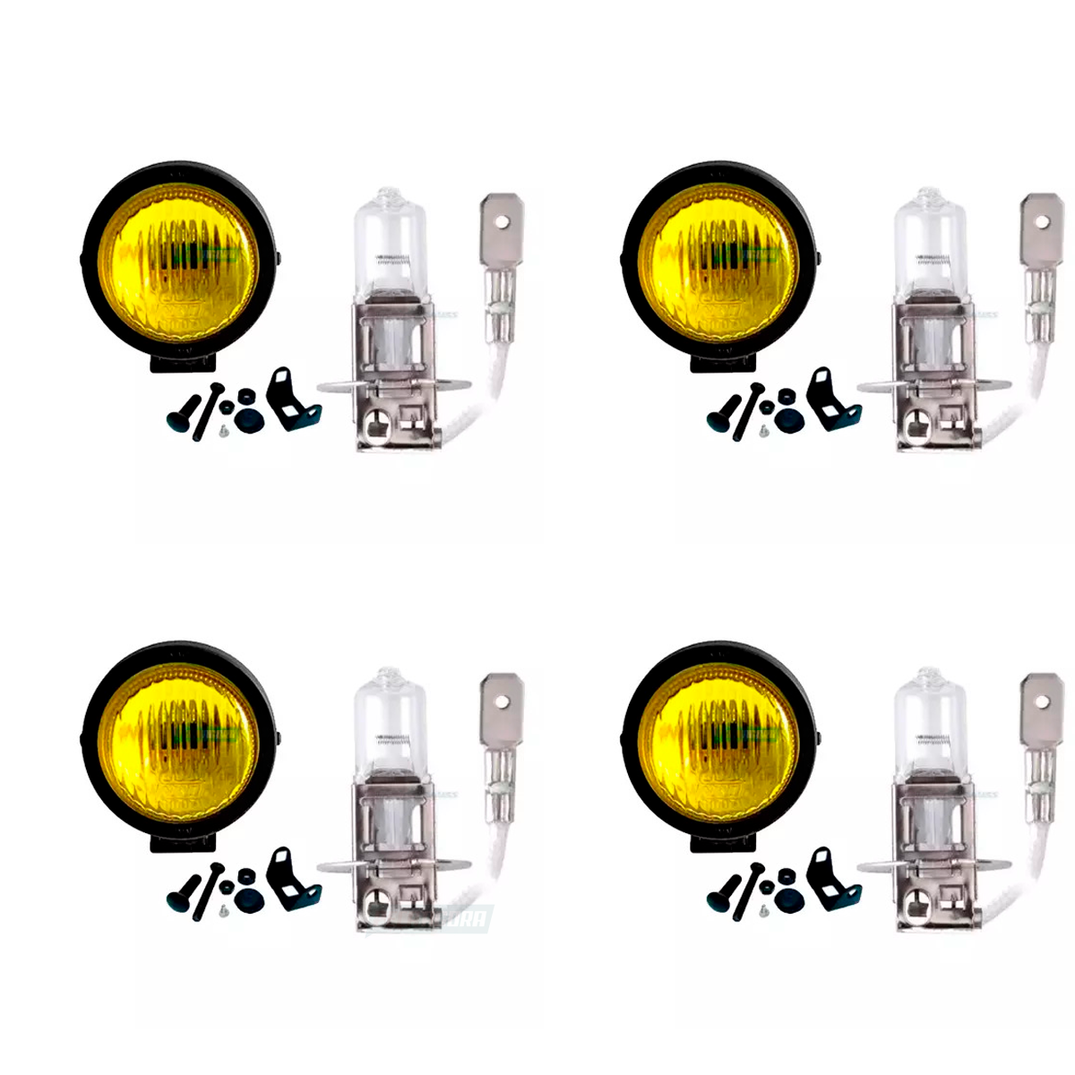 KIT 4 FAROIS 4 LAMPADAS MILHA 85MM MINI NEBLINA AMARELO H3 24V UNIVERSAL LEVE PE