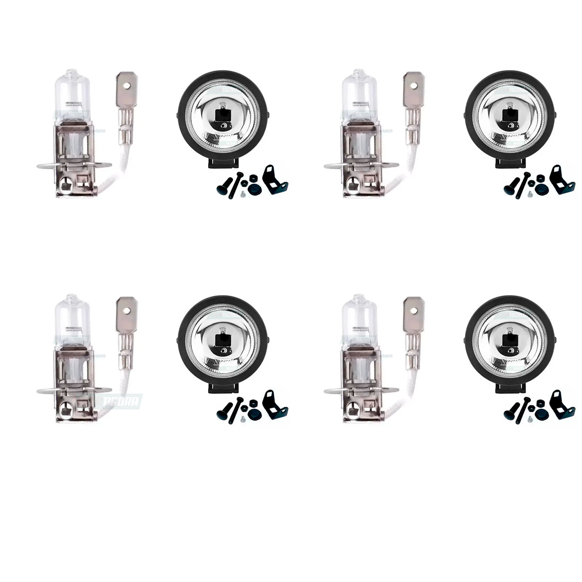 KIT 4 FAROIS 4 LAMPADAS AUXILIAR MILHA 85MM H3 MINI SUN RAY VIDRO (K.F-11V-GL05H