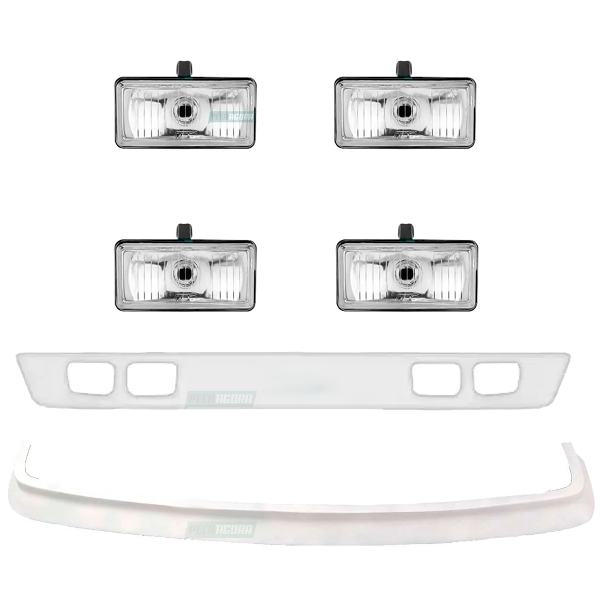 KIT SPOILER E BIGODE PARACHOQUE FIBRA BRANCO COM 4 FAROIS MILHA MB 1113 1313 151