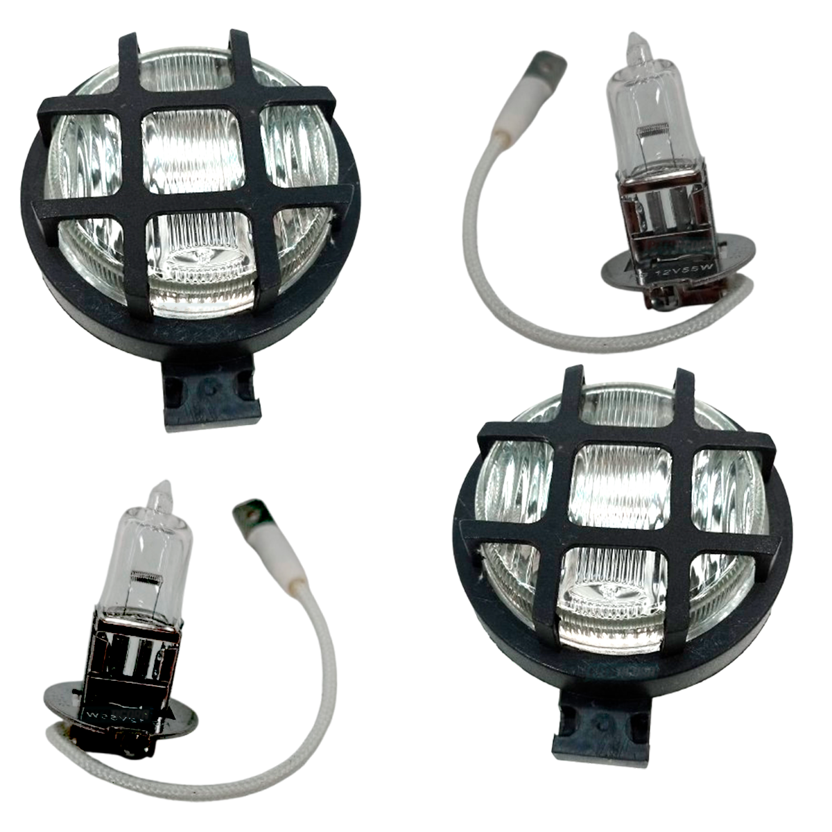 KIT 2 FAROIS 2 LAMPADAS MILHA REDONDO COM GRADE H3 12V PK 22S UNIVERSAL (K.ML020