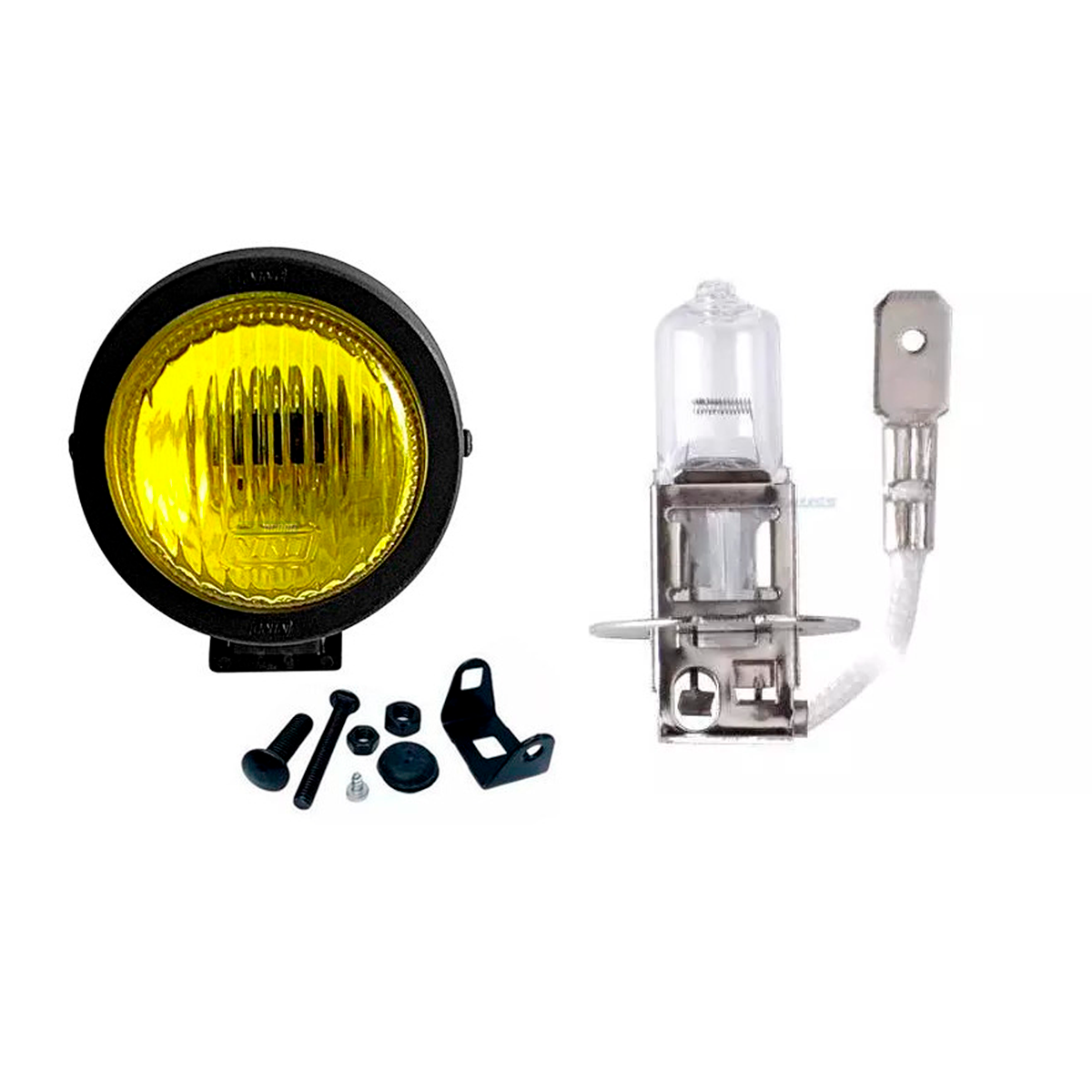 KIT FAROL MILHA NEBLINA 85MM AMARELO LAMPADA H3 24V PK 22S BRANCA HALOGENA (K.F1