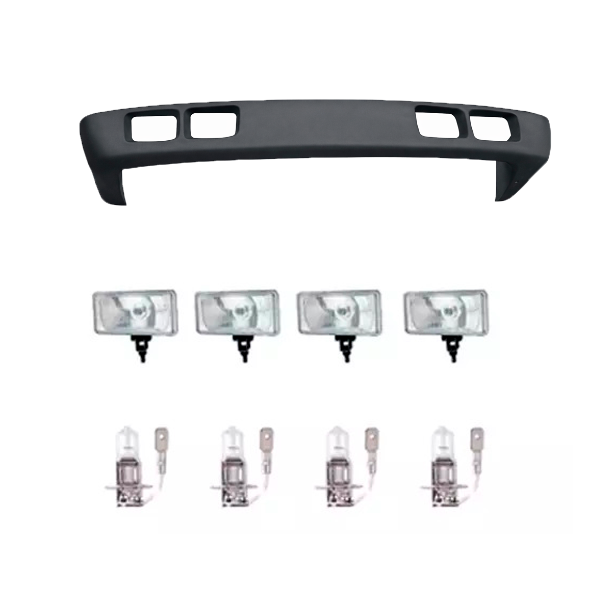 KIT SPOILER 4 FAROIS LAMPADAS H3 24V MB 1113 CARA PRETA CENTRO ABERTO (K.AS2140-