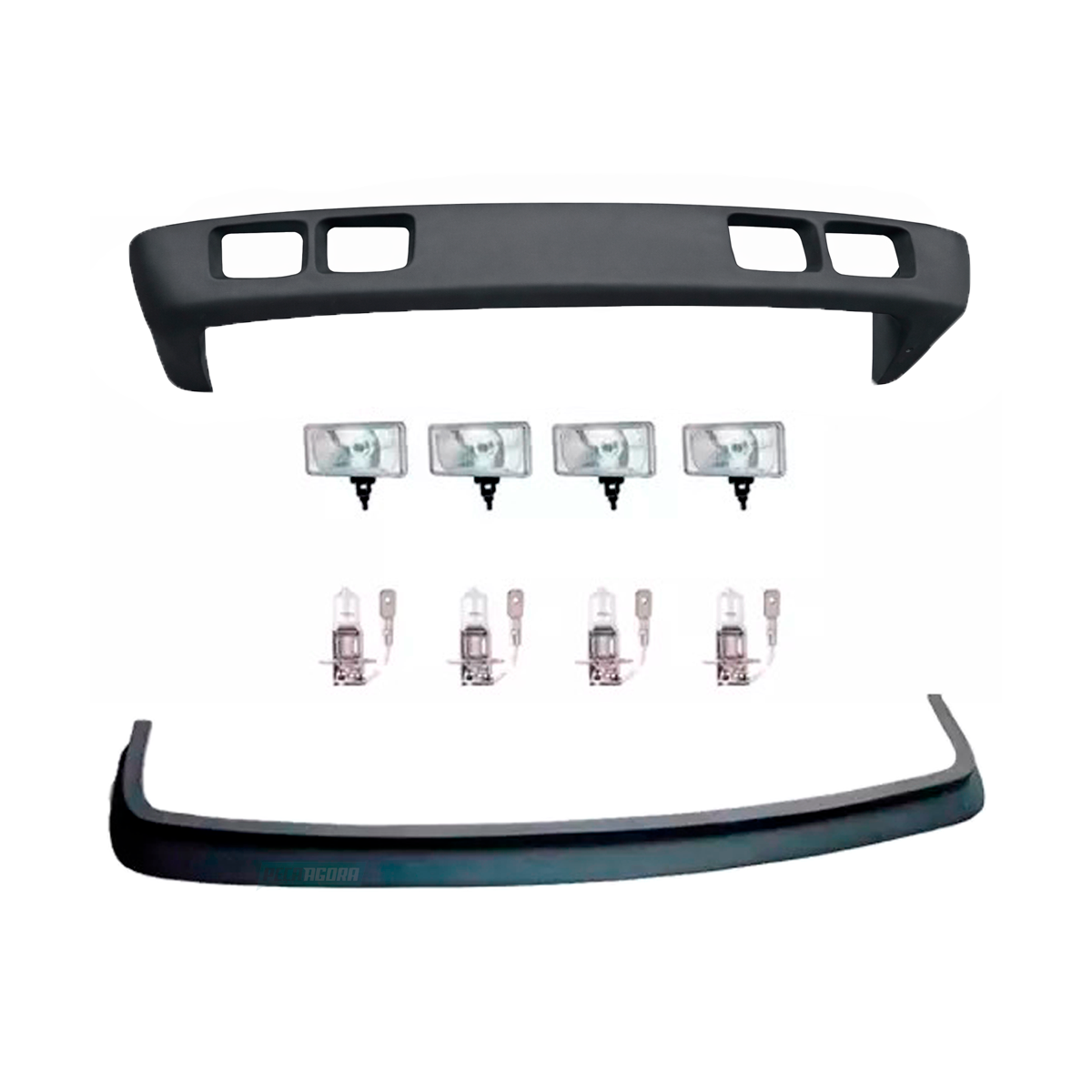 KIT SPOILER BIGODE 4 FAROIS LAMPADAS H3 24V CARA PRETA MB 1113 CENTRO ABERTO (K.