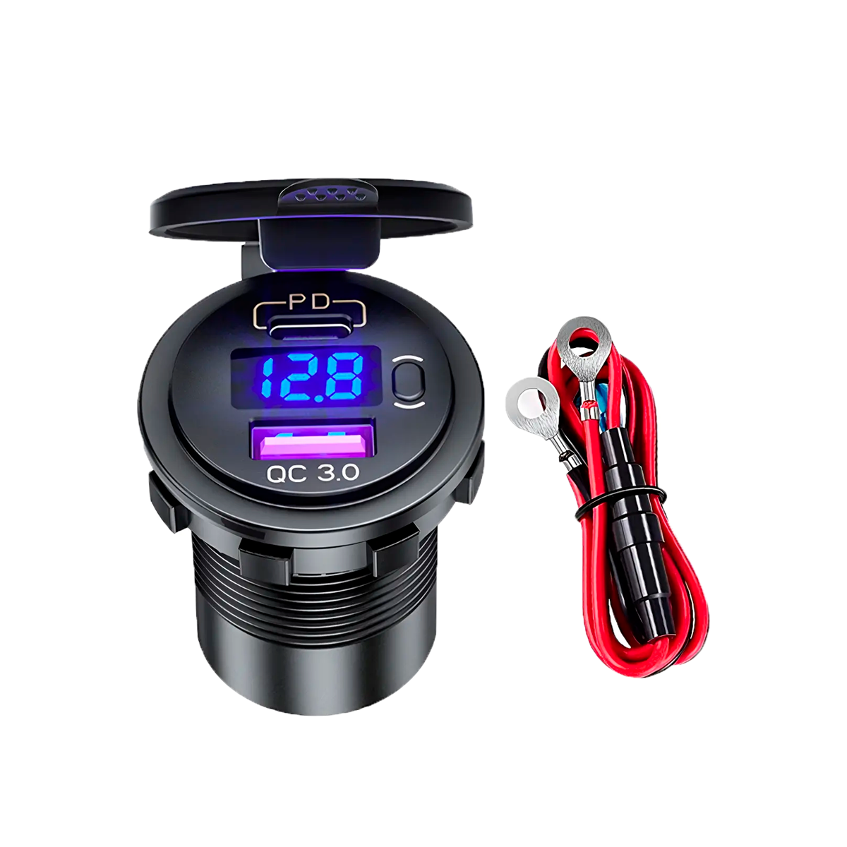TOMADA CARREGADOR CARRO USB TIPO C 3.0 VOLTIMETRO VERMELHO PRETO LED AZUL (LE-68