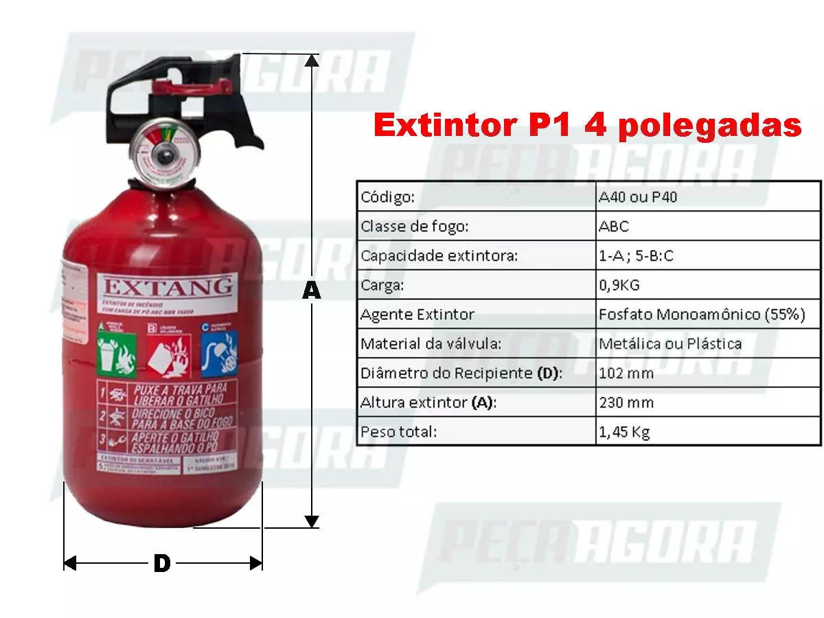 EXTINTOR DE INCENDIO P1 4 '' POLEGADAS CLASSE ABC 1KG FIAT GM (EXTINTOR-A40)