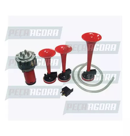 BUZINA A AR PLASTICA 03 CORNETAS VERMELHA ELETROPNEUMATICA 12V AVX (454737)