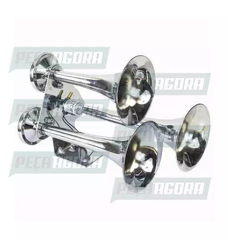 BUZINA ELETROPNEUMATICA CROMADA BIVOLT 03 CORNETAS 684-756HZ COM SUPORTE UNIVERS