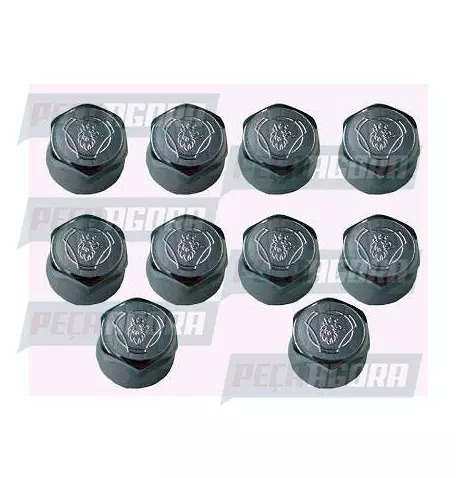CAIXA COM 10 CAPA PORCA RODA CROMADA LOGO PARA SCANIA 33 TRACAO TOP (CX.452839**