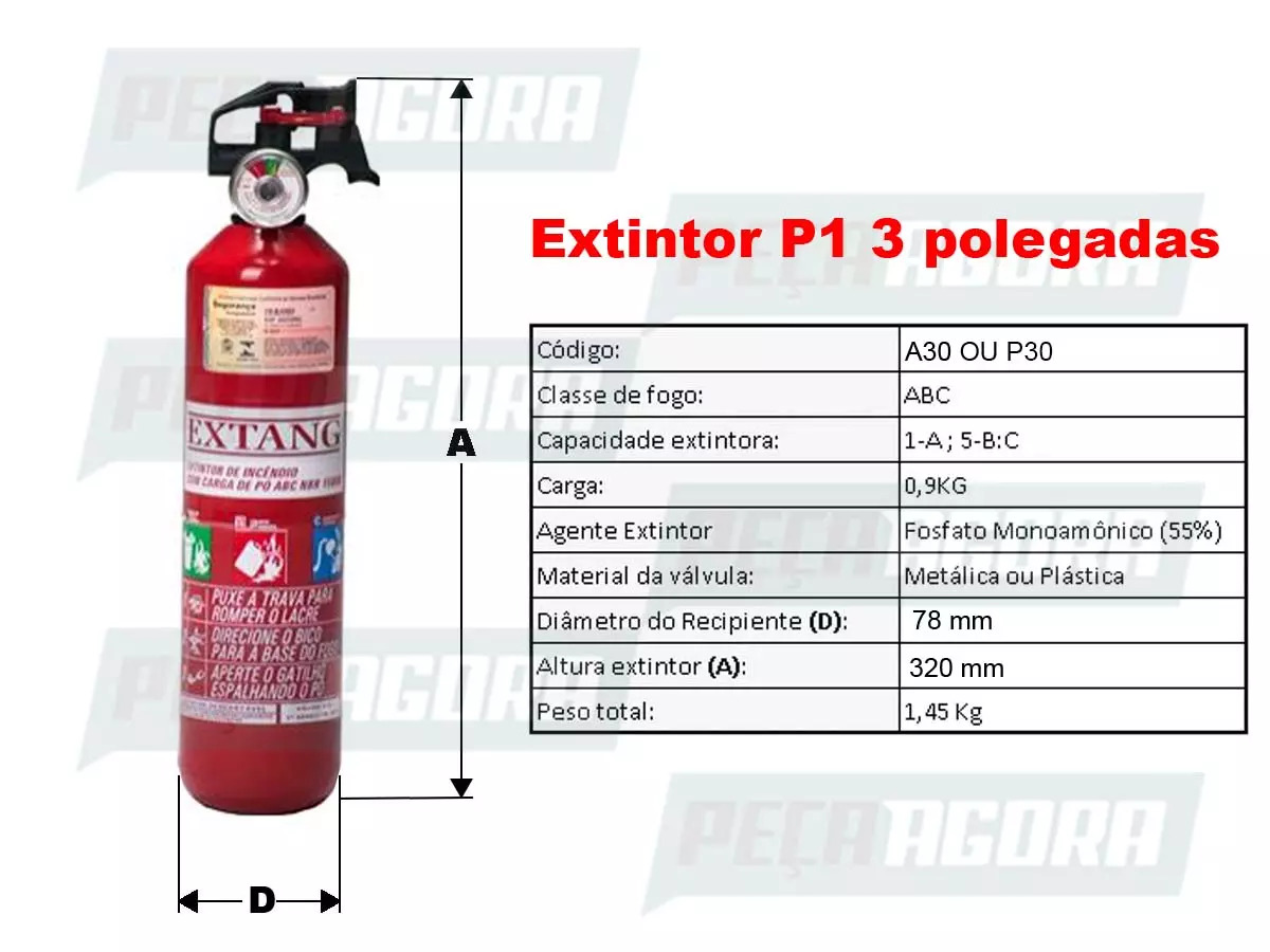 EXTINTOR DE INCENDIO P1 3 '' POLEGADAS CLASSE ABC 1KG UNIVERSAL (A30)