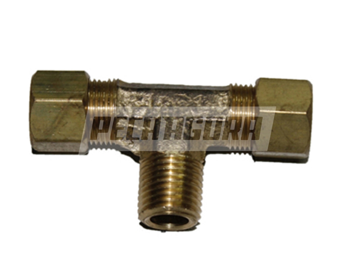 CONEXAO TEE CENTRAL 1/4 NPT X 3/8 TUBO PORCA E ANILHA . (0414)